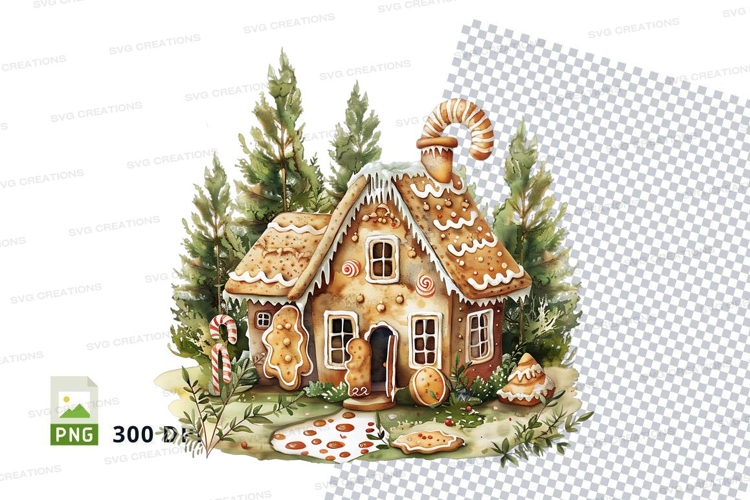 Cozy gingerbread cottage clipart in snowy forest scene