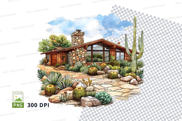 Desert house clipart modern cactus landscape illustration