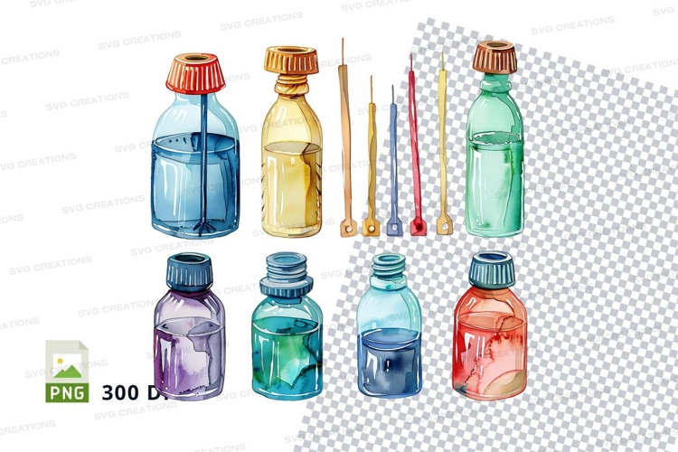 Colorful glass bottles clipart set isolated 3D