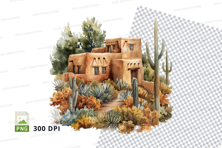Southwest adobe house desert clipart illustration