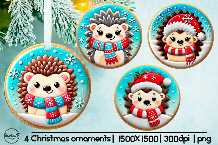 Cute hedgehog Christmas ornament sublimation designs