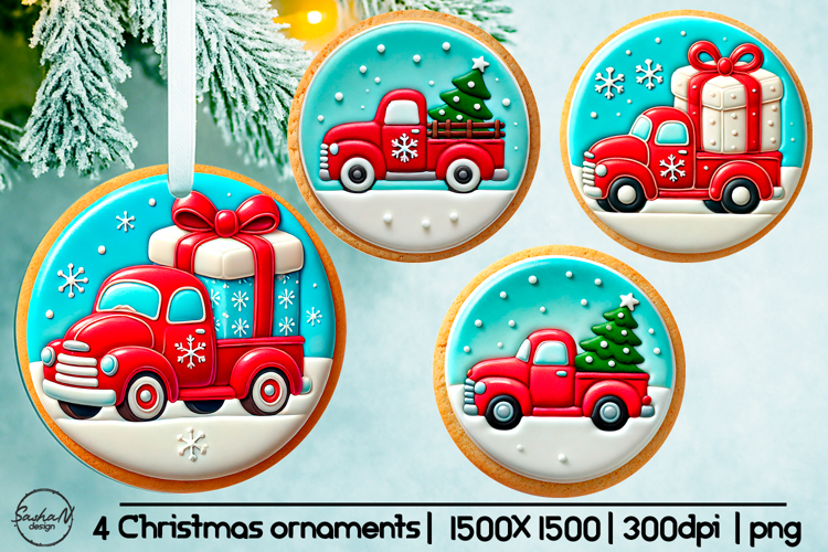 Red truck Christmas ornament sublimation designs