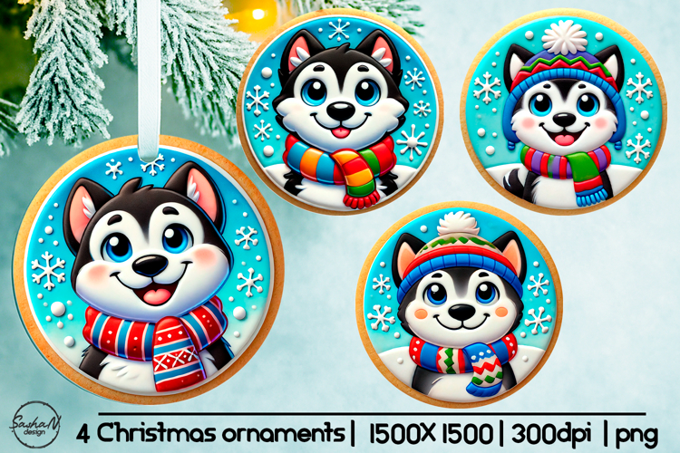 Cartoon husky Christmas ornament sublimation designs