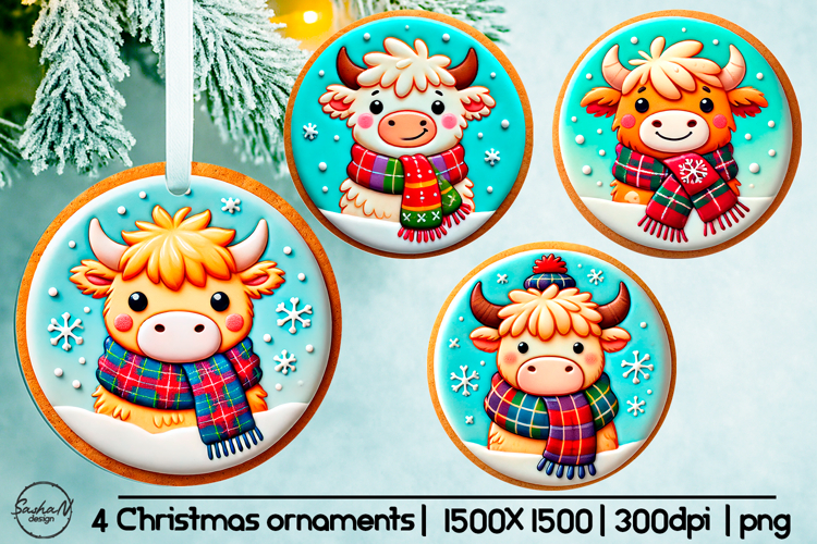Cute highland cow Christmas ornament sublimation designs