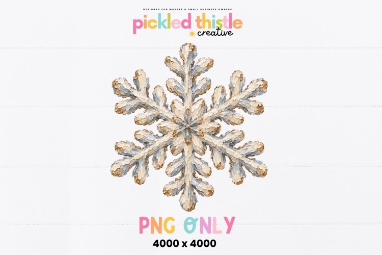 Digital snowflake graphic with layered cream and icy blue tones, warm gold edging and thick painterly texture throughout each branch.