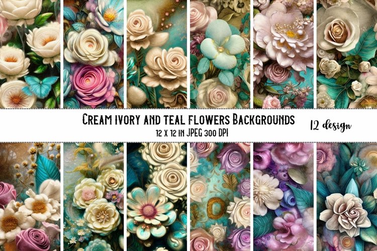 12 Cream ivory and teal shabby chic floral backgrounds