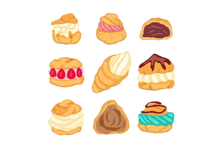 Variety of sweet cream puffs and choux pastry desserts