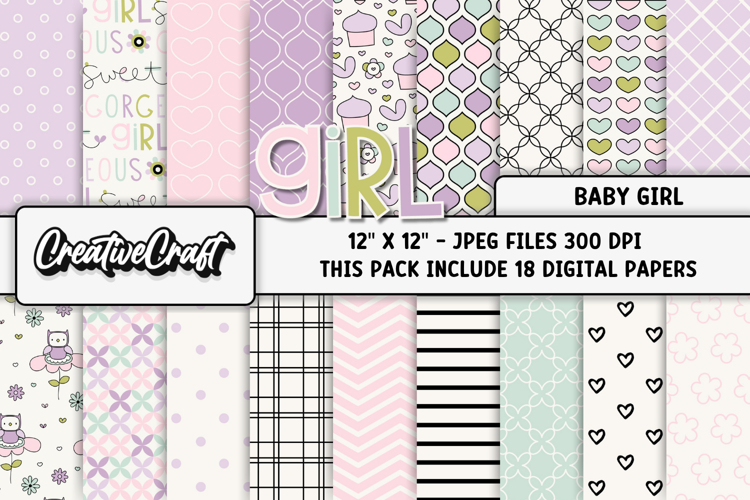 Baby Girl Digital Papers, baby shower digital scrapbooking example image 1