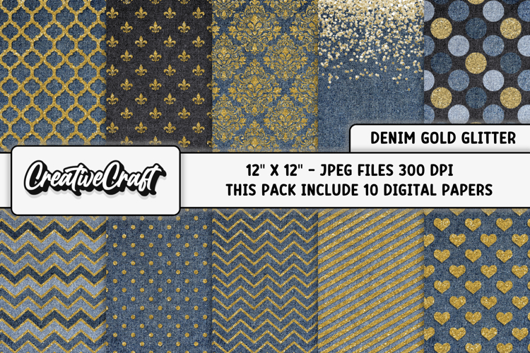 Denim Gold Glitter Digital Papers, denim textures designs