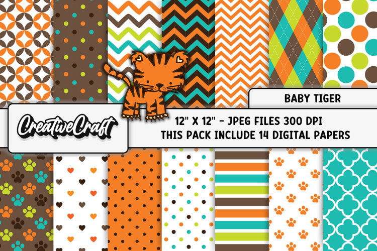 Baby Tiger Digital Papers, safari animals background designs