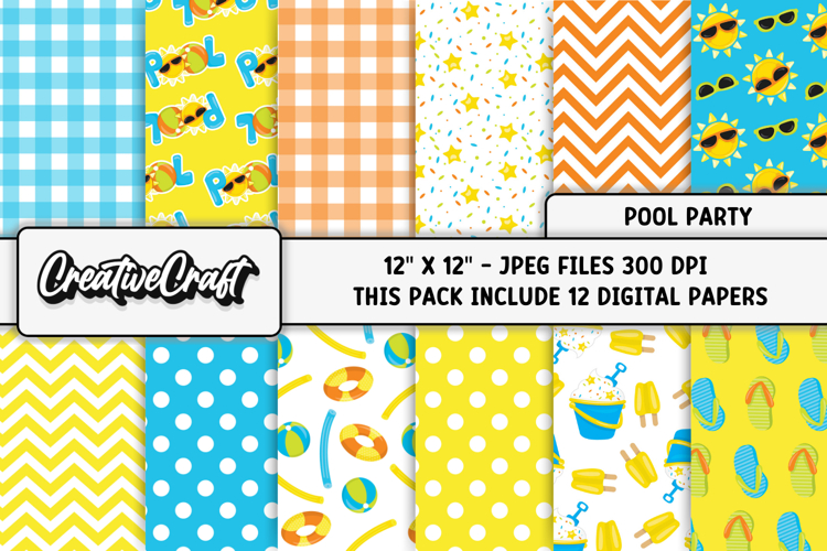 Pool Party digital papers, summer tropical scrapbook designs
