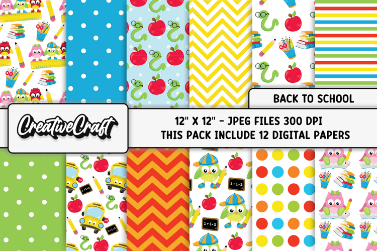 Back To School Digital Paper, school supplies, illustrations