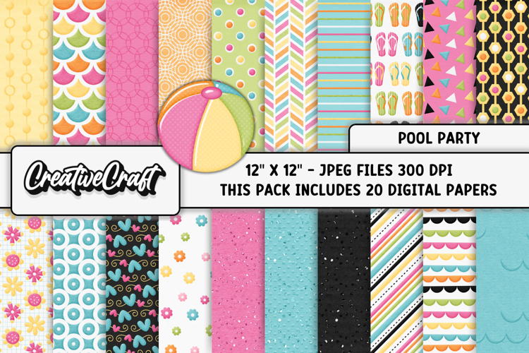 Pool Party digital papers, summer tropical scrapbook designs