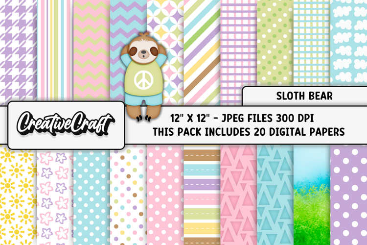 Sloth Digital Papers, bear background designs, illustrations