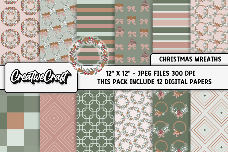 Christmas Wreaths Digital Paper, christmas digital scrapbook