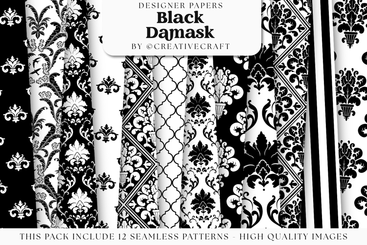 Black Damask Seamless Patterns, black damask digital papers