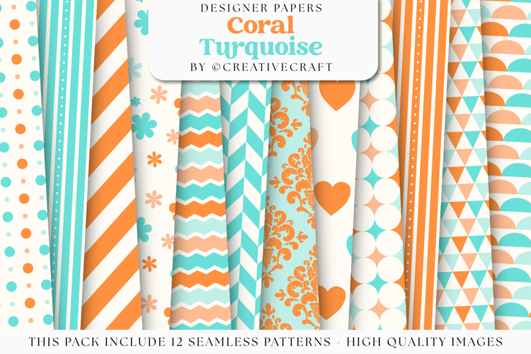 Coral Turquoise Seamless Patterns, turquoise digital papers