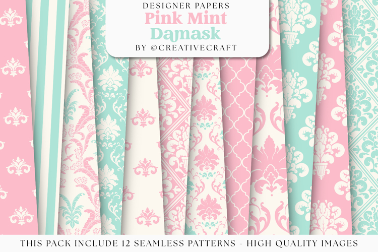Pink Mint Damask Seamless Patterns, damask digital papers