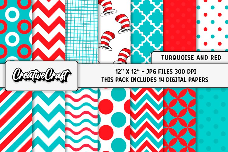 Turquoise and Red Digital Papers, scrapbook papers designs example image 1