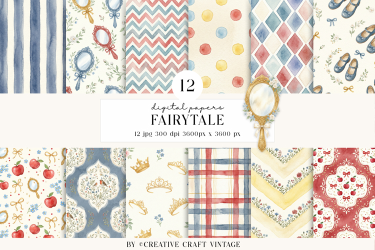 Fairytale Princess Digital Papers, watercolor illustrations