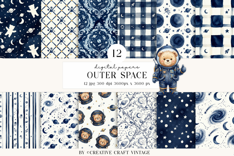 Outer Space Digital Papers, watercolor illustrations, design