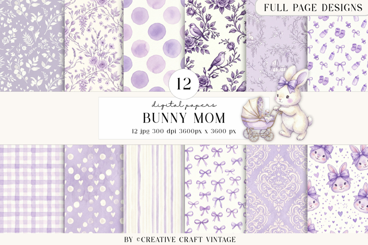 Bunny Mom Digital Papers, watercolor, vintage illustrations