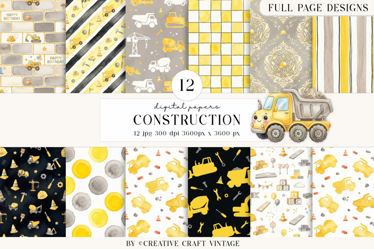 Construction Digital Papers, watercolor vintage illustration