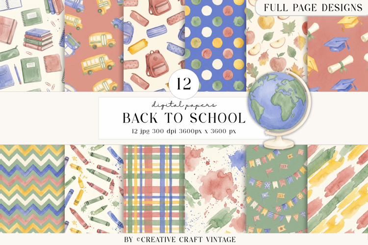 Back To School Digital Papers, watercolor scrapbook designs