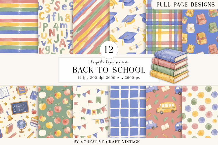 Back To School Digital Papers, watercolor scrapbook designs