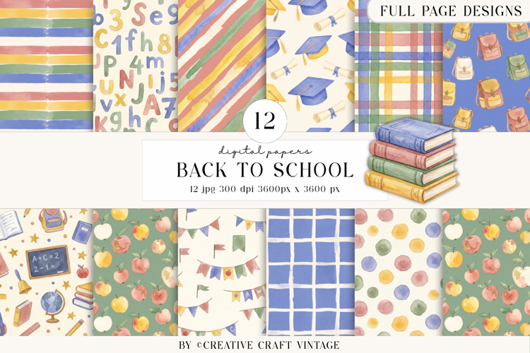 Back To School Digital Papers, watercolor scrapbook designs