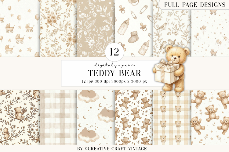 Teddy Bear Digital Papers, watercolor baby shower, boho