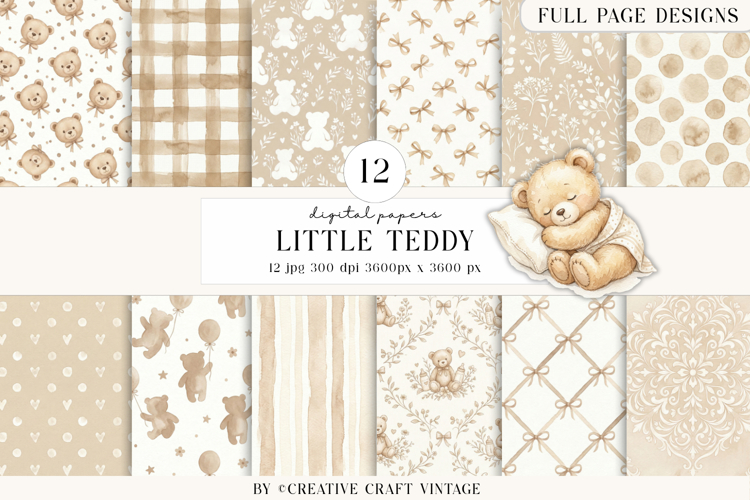 Teddy Bear Digital Papers, watercolor baby shower, boho