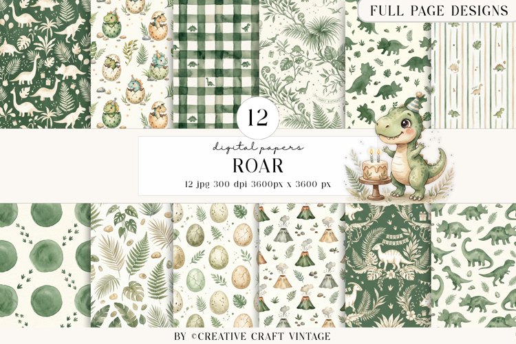 Cute Dinosaur Digital Papers, watercolor birthday designs