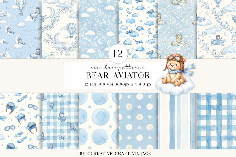 Bear Aviator Seamless Patterns, watercolor illustrations