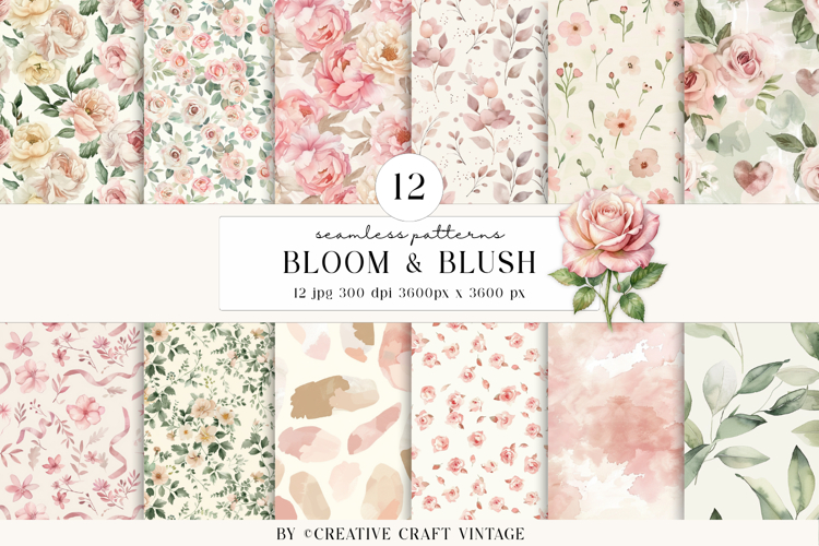 Watercolor Blooms Seamless Patterns, vintage scrapbooking