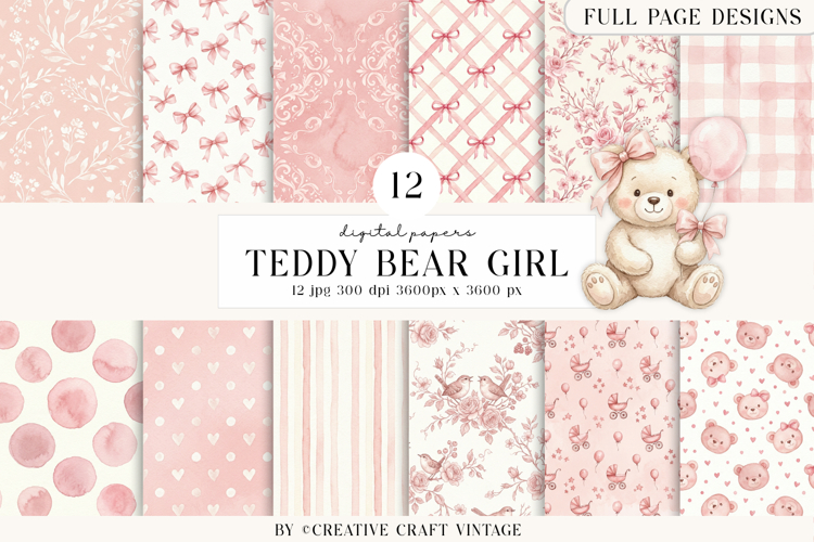 Teddy Bear Girl Digital Papers, watercolor background design
