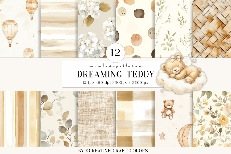 Teddy Bear Seamless Patterns, watercolor baby shower, boho