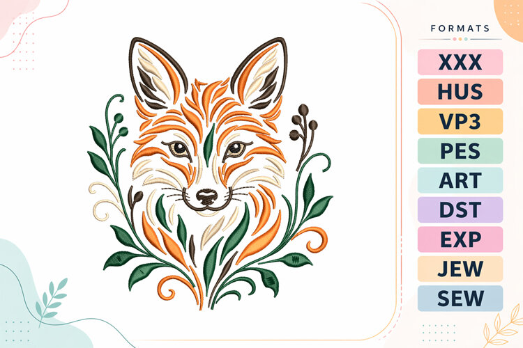 Botanical Animal Fox Embroidery Design example image 1