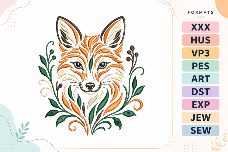 Botanical Animal Fox Embroidery Design