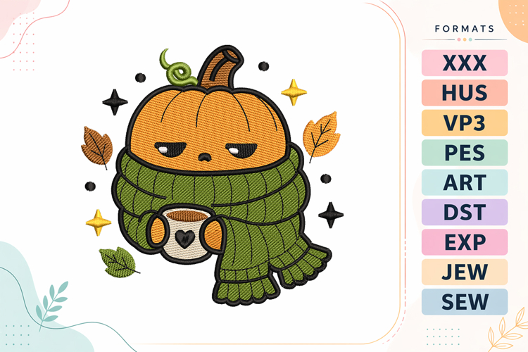 Cozy Pumpkin Coffee Mood Embroidery Design