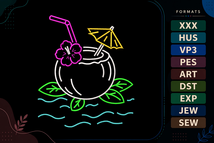 Tropical Coconut Drink Summer Embroidery Design