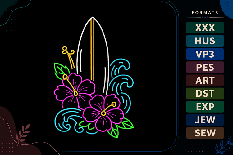 Tropical Surfboard Summer Beach Embroidery Design
