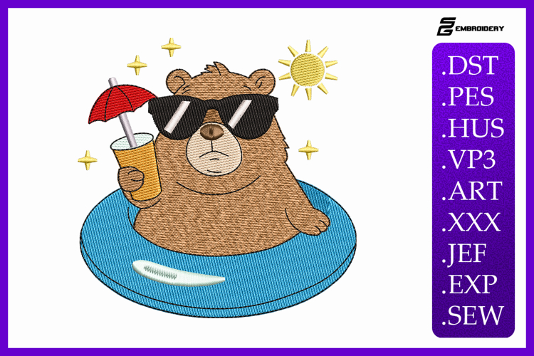 Summer Bear Embroidery Design