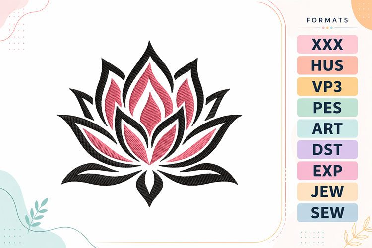 Pink Black Lotus Flower Embroidery Designs For Machine