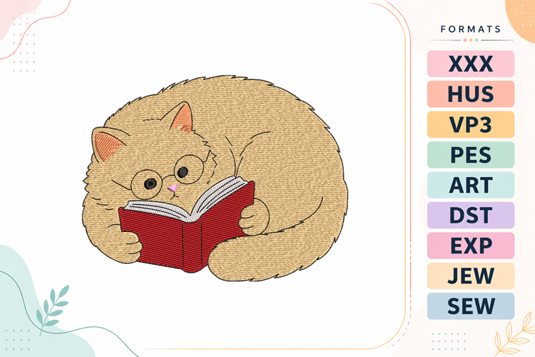 Reading Cat Book Animals Embroidery Design