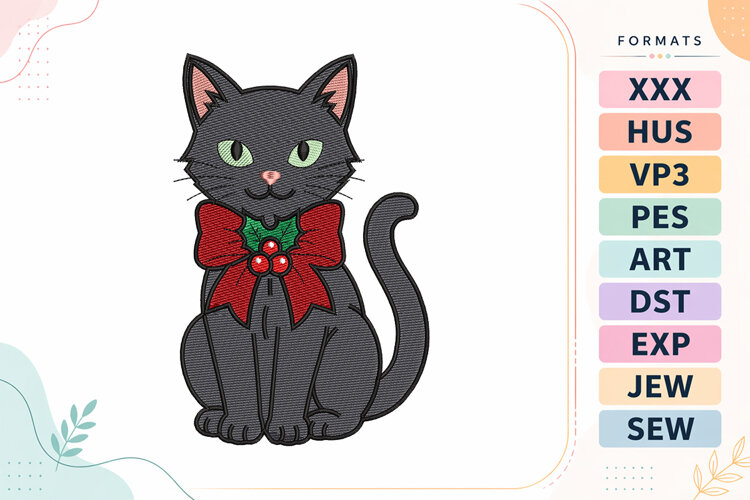 Christmas Black Cat Bow Embroidery Designs example image 1