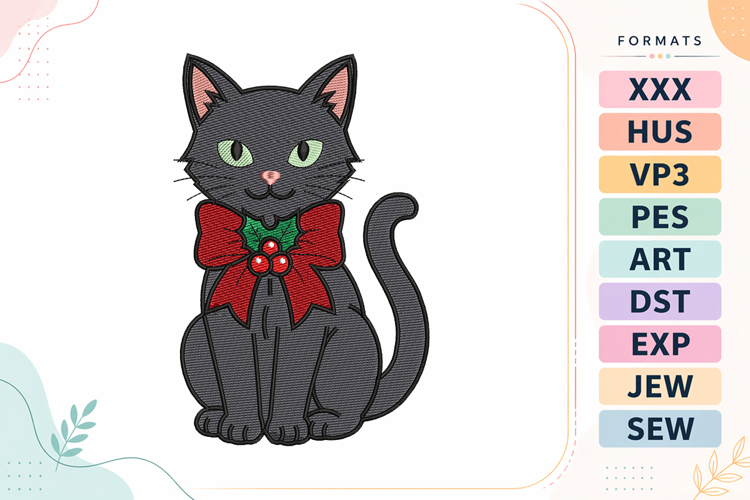 Christmas Black Cat Bow Embroidery Designs