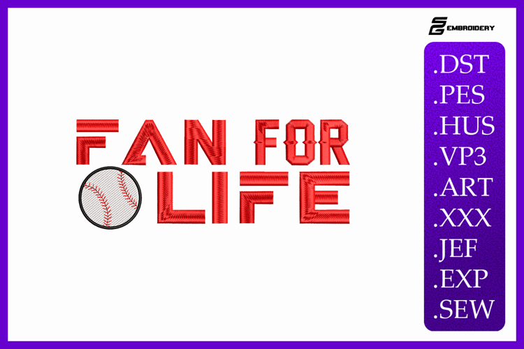 Fan For Life Baseball Sports Quote Embroidery Design