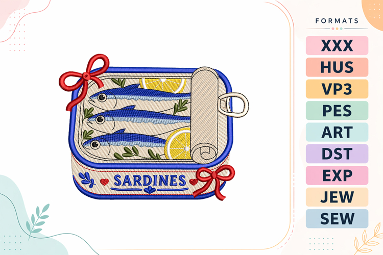 Sardines Tin Summer Seafood Embroidery Design