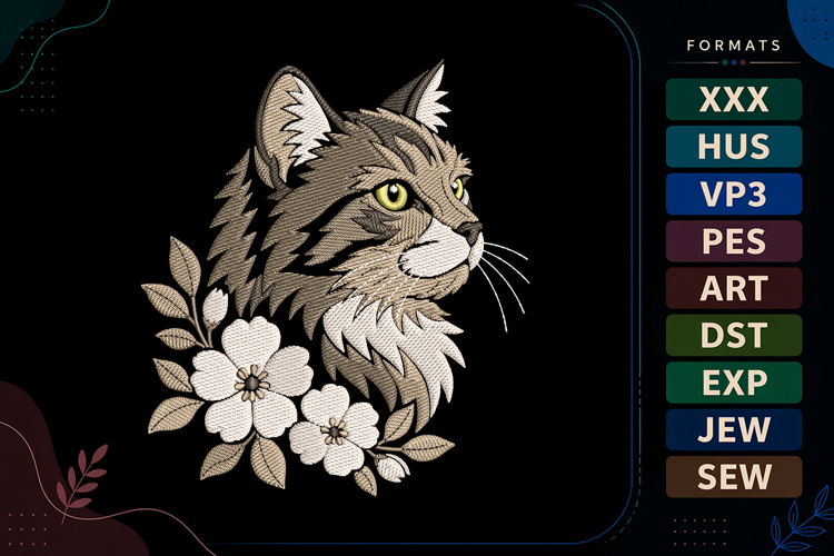 Floral Cat Profile Embroidery Design